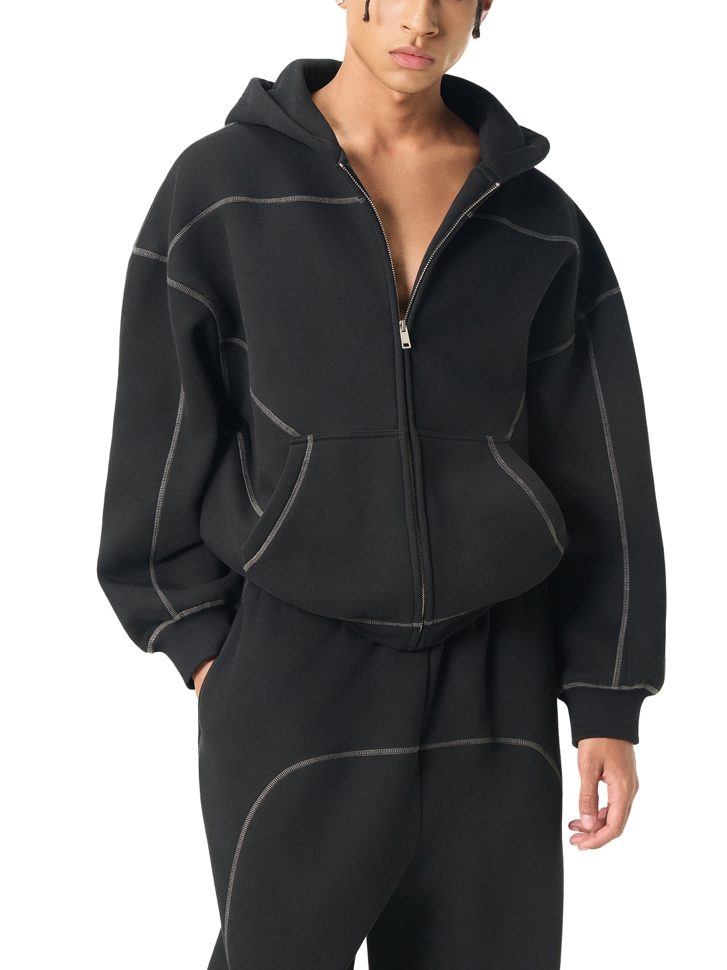 Contrast-Stitched Boxy Fleece Zip Hoodie SET