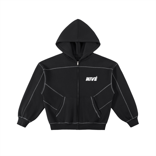 Contrast-Stitched Boxy Fleece Zip Hoodie SET