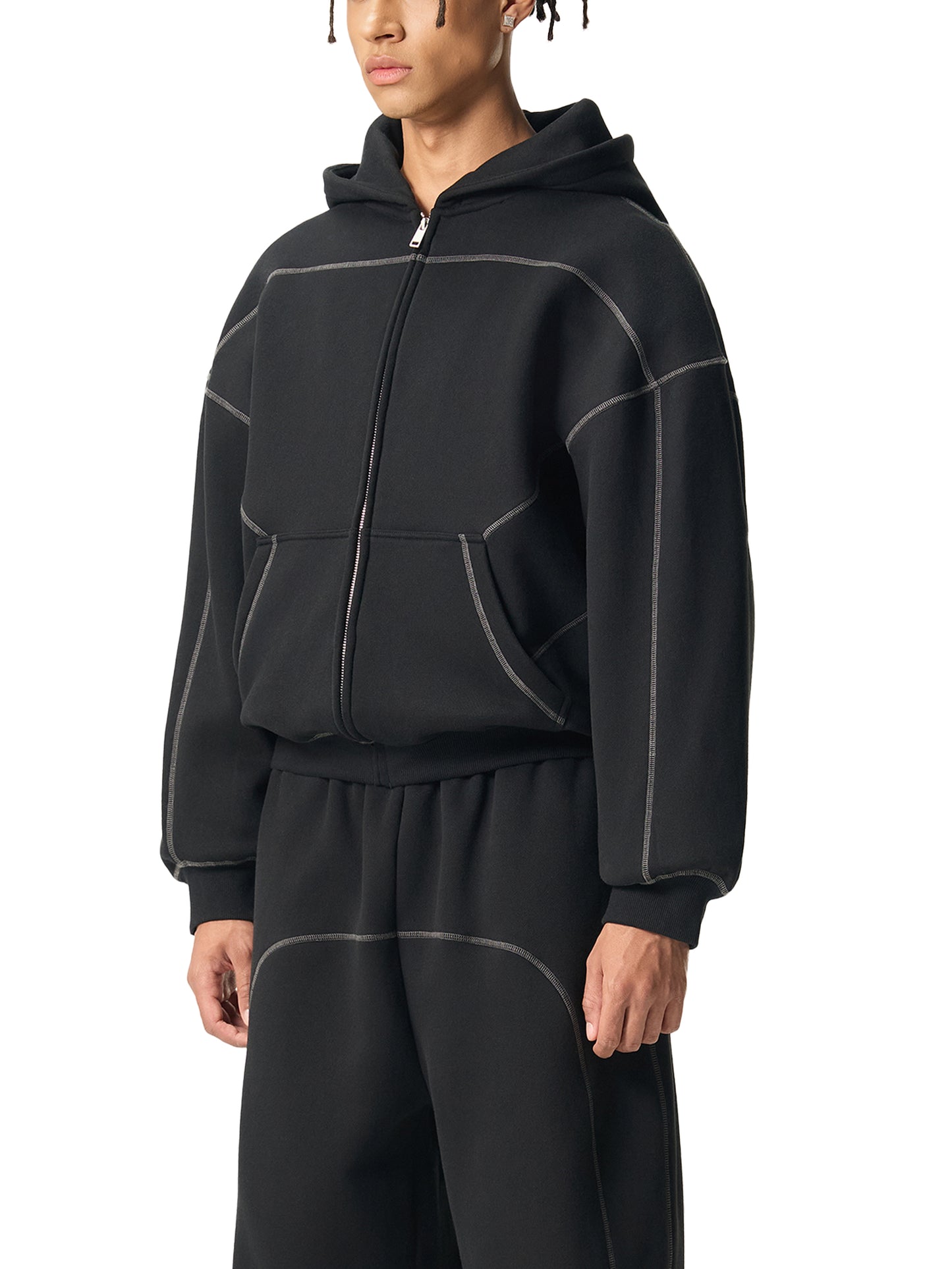 Contrast-Stitched Boxy Fleece Zip Hoodie SET