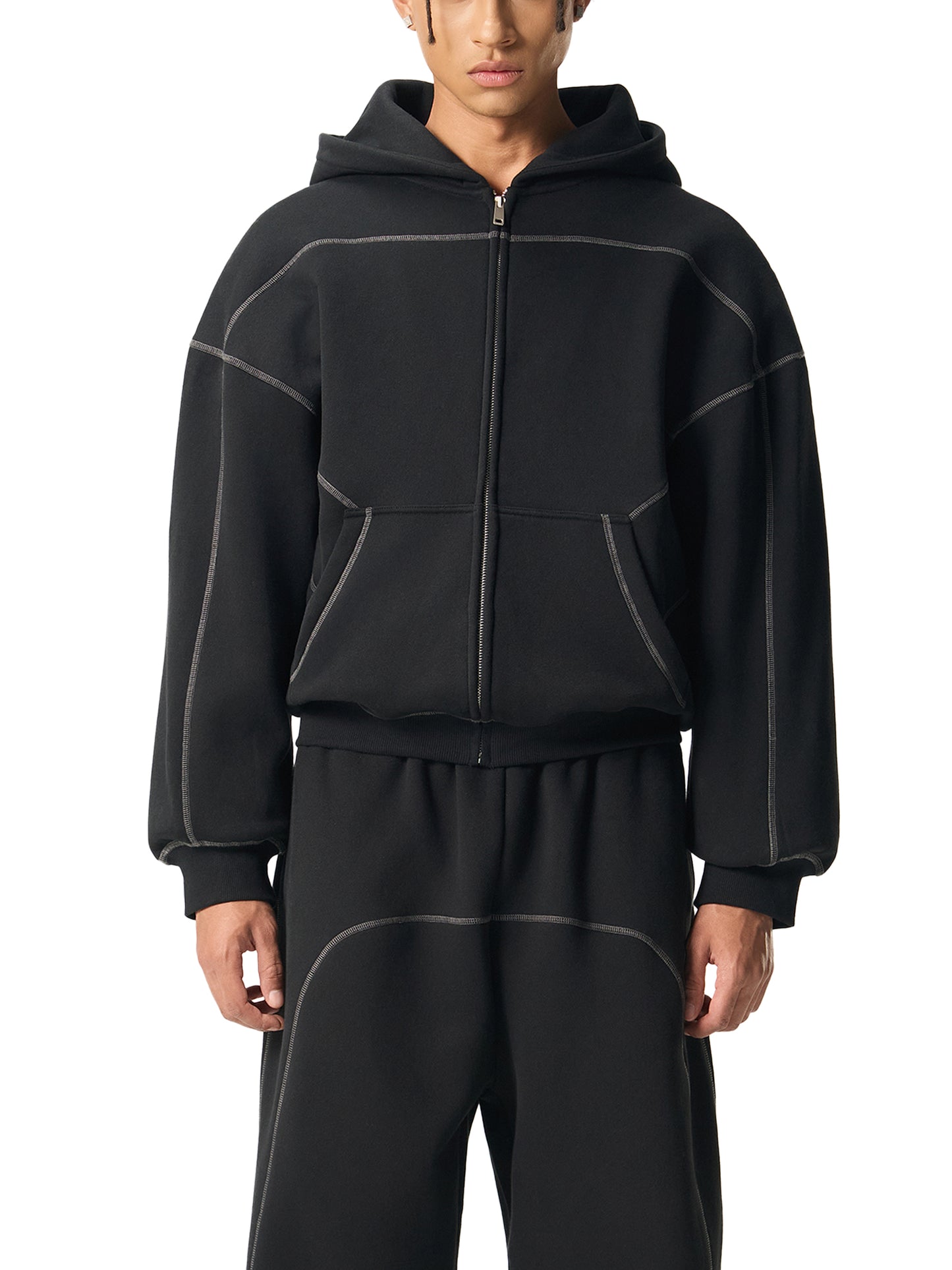 Contrast-Stitched Boxy Fleece Zip Hoodie SET