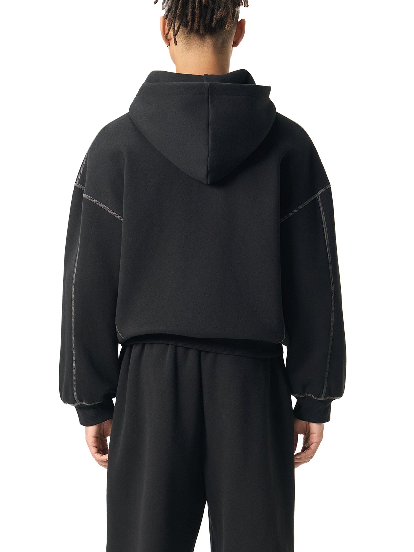 Contrast-Stitched Boxy Fleece Zip Hoodie SET