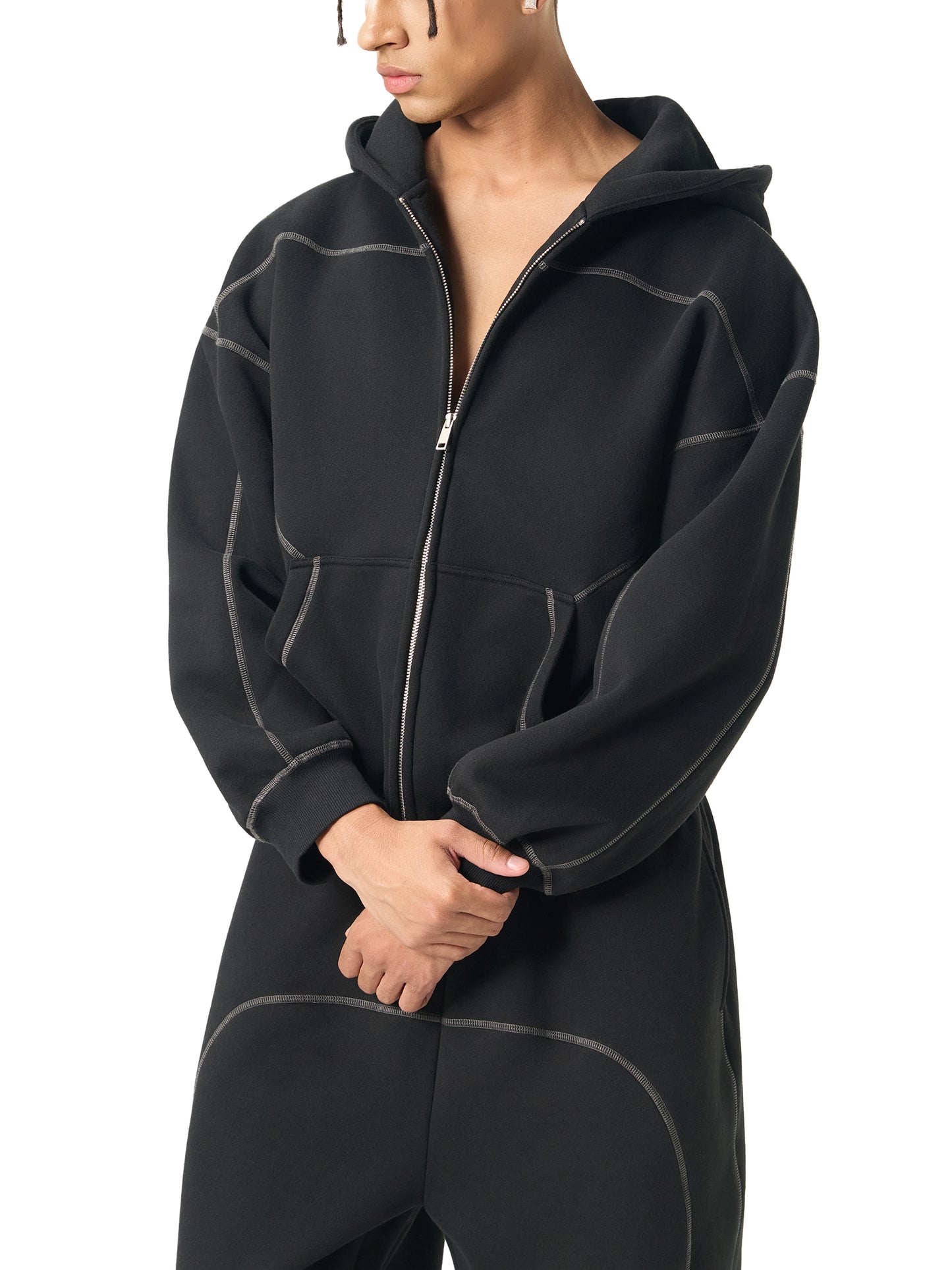 Contrast-Stitched Boxy Fleece Zip Hoodie SET